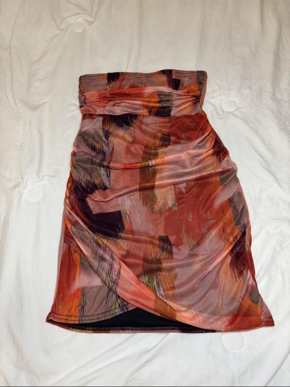 Strapless Orange Abstract Ruched Bodycon Dress - Picture 2 of 4